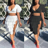 Sexy Dress Low Chest Puff Sleeve Top Cake Puffy Skirt 2 Two Piece Set Skirts Sets Ladies Elegant Outfits Solid