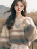 Toloer Fashion Style Sweater Korean Soft-Creative Languid Lazy Super-Good-Looking White Striped Print