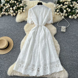 Summer Women's Dress Small High-End Embroidery Single Buckle Waist Elegant Knee Long