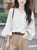 V-Neck Lantern Sleeve Top Women's Dress 2025 New Early Spring Ocean Design Wears French Chic