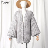 2023 Autumn And Winter Sweater Cardigan Bohemian Style Hand-knitted Bat Lantern Sleeve Sweater Jacket Female