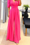 Women Jumpsuit Puff Short Sleeve V Neck Backless Nipped Waist Loose Wide Legs Casual Pants Romper High