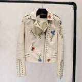VAREY LIN Spring Women Floral Print Embroidery Faux Leather Jacket Turn-down Collar Pu Motorcycle Black Punk