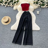 A Female Summer Dress Sexy Hottie Letter Embroidered Sleeveless Chest Vest High-Waisted Denim Casual Broad