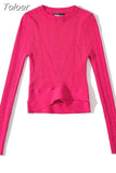 Fashion Women's Knitted Pullover Round Neck Slim Solid Color Hem Gross Cut Out Long Sleeve Sweater Autumn 2023 New