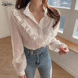 Women Elegant Stand Collar Ruffles Blouse Korean Fashion Simple Chiffon Blouse Polka Dot Long Sleeve Lace Shirt Top