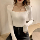 Collar Korean Fashion Pullover Sweater Women Elegant Long Sleeve Female Tops Knitted White Autumn Jumper Clothes