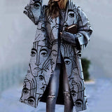 Autumn Winter Women Buttons Jacket Coat Fashion Vintage Print Turn-Down Collar Women Long Sleeve Jacket Outerwear