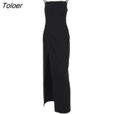 Black Sexy Slit Party Long Dress Woman 2022 Summer High Waist Maxi Dresses Female Square Neck Sleeveless Sundress