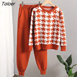 Houndstooth Knit Womens Tracksuits Korean Fashion O Neck Woman Pullovers + Harem Pants Two Piece Sets Y2k Winter