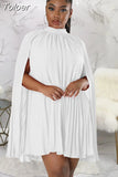 Fashion Solid Women Pleated Chiffon Dress Sexy Mock Necked Cloak Sleeve Robe Femme Classic Loose Party Clubwear