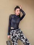 Butterfly Print Mesh Top Long Sleeve Tees Patchwork Bodycon Tshirt Black See Through Crop Top Fashion T Shirt