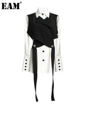 Women Black Bandage Vest Two Piece Blouse New Lapel Long Sleeve Loose Fit Shirt Fashion Tide Spring Autumn 2023