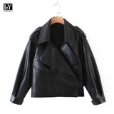 VAREY LIN New Spring Autumn Women Biker Jacket Faux Leather Jacket Biker Turndown Collar PU Jacket Loose Streetwear