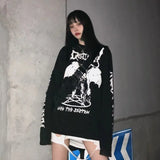 demon Print Oversized t-shirt y2k Female clothing Long leeve Casual Vintage black top Punk Gothic T-shirts Loose