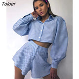 OL Outfits Womens Two Piece Set Plaid Long Sleeve Shirts High Wasit Wide Legs Shorts Elegant Korte Suits Outfits 2