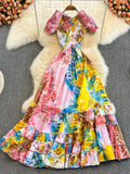Bohemian Tie Dye Beach Long Dress Women Sexy Short Sleeve High Waist A-Line Big Swing Party Maxi Vestidos Female 2022 Summer