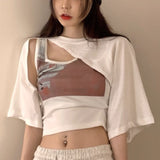 Crop Tops Ladies Korean Blouse Woman New Collection 2021 Autumn Short Sleeve Short Tshirts Elegant Korean Style 2 Piece