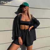 Casual Long Sleeve Blouse Set Of Two Fashion Pieces For Women Tracksuit Autumn Black High Waist Shorts Suit