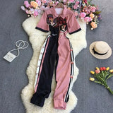 New Spring Autumn Fashion turn down collar short sleeve zipper Jumpsuit hit color print high waist casual wide leg
