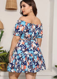Sweet Off-the-shoulder Short Sleeves Floral Print Plus Size Two Piece Skirt