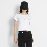 Patchwork Feathers T Shirt For Women Loose Diamonds O Neck Short Sleeve Skinny Tees Tops Female 2022 Summer