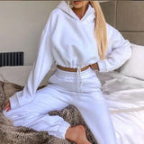 Loose Fleece Women's Pants Tracksuit Cropped Hooded Top And Drawstring High Waist Joggers Ladies Sports Suit 2022