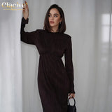 Gifts Fashion O-Neck Green Office Women'S Dress 2022 Elegant Long Sleeve Pleated Midi Dresses Casual Slim Black Female