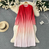 Autumn Vintage Women Draped Dress Elegant Round Neck Long Sleeve Loose Pleated Robe Female Casual Gradient Vestidos New