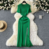 Toloer Senior Sense Dress Female Summer Sexy Sequins Slit Waist Show Thin Round Collar Short Sleeves In The Long Knit
