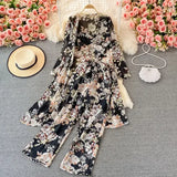 Bohemian Women 3 Pieces Set Female Elegant Long Cardigans + Strapless Camis + Wide Leg Pants Chiffon Suits New Spring Fall