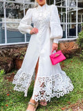 TWOTWINSTYLE Embroidery Elegant Dress For Women Stand Collar Puff Sleeve High Waist Cut Out Midi Dresses Female Fashion