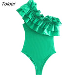 2021 Women Sexy Pleat Ruffles Single Shoulder Green Asymmetric Slim Bodysuits Ladies Summer Chic Knitting Rompers