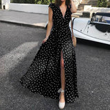 2022 Summer Maxi Dress Women Sexy Split Polka Dot Short Sleeve Long Sundress Celmia Bohemian Belted V-Neck Party Beach