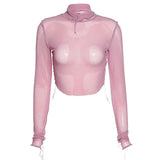 Spring Turtleneck T-Shirts Ruffles Crop Tops Solid Ruched Mesh Women Elastic Slim Long Sleeve Tees Female Outfits