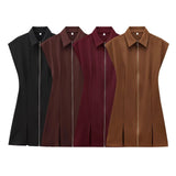 Zipper Wide-Fold Short Dress 2025 Summer Temperament Casual Sleeveless A-Word