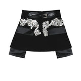 2023 New Spring Autumn High Waist Black Beading Blingbling Spliced Personality Short Half-body Skirt Women Fashion