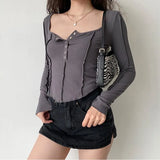 Sexy Button Up Slim T Shirt Women Long Sleeve Irregular Crop Top Korean Fashion Ribbed Skinny Tee Shirt Chic