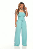 Toloer New Women's Casual Flat Shoulder Wrapped Chest Wide-Leg Jumpsuit-Outfit