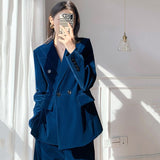 Wide Leg Pants Velvet Two Piece Suit New Lapel Long Sleeve Blue Loose Fit Women Fashion Tide Spring Autumn 2023