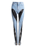 Fashion Women's Jeans High Waist Contrast Color Black Lace Patchwork Slim Denim Pencil Pants Summer 2023 New Tide