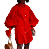 Summer Large-Size Loose Bubble Sleeves Solid-Color Open-Sleeved Shirt Dress