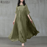 ZANZEA 2022 Vintage Summer Maxi Dress Women's Pleated Sundress Half Sleeve Long Vestidos Female Casual O Neck Robe