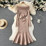 Neck Solid Sexy Sweater Dress 2022 Women Mermaid Long Sleeve Maxi Long Dress Autumn Streetwear Knitted Bodycon