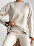 Women Casual Contrast Slit Sweater Suits O-Neck Knitted Pullover And Wide Leg Pants Female 2 Piece Set Elegant Warm Lilac
