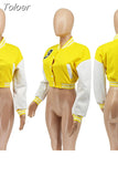 White Color Block Splice Baseball Coat Women Casual Single-breasted Full Sleeve Jacket Active Wear Running Cropped