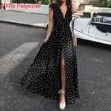 2022 Summer Maxi Dress Women Sexy Split Polka Dot Short Sleeve Long Sundress Celmia Bohemian Belted V-Neck Party Beach