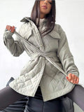 Winter Casual Loose Argyle Jackets Women Fashion Thick Warm Long Coats Elegant Tie Belt Cotton Padded Outerwear