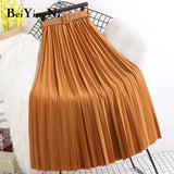 High Waist Skirts Womens Belt Fashion Metallic Party Midi Pleated Long Skirt Black Pink Casual Korean Falda Mujer
