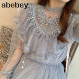 Brand New Women Romantic Tulle Dress Stand Collar Beading Tassels Ruffles Long Sleeve Mesh Dress Cute Mid Dress